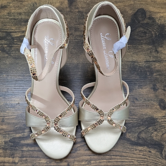 Lauren Lorraine Daisey Gold Rhinestone Embellished Stiletto Heel Sandal 6.5 - Picture 8 of 10